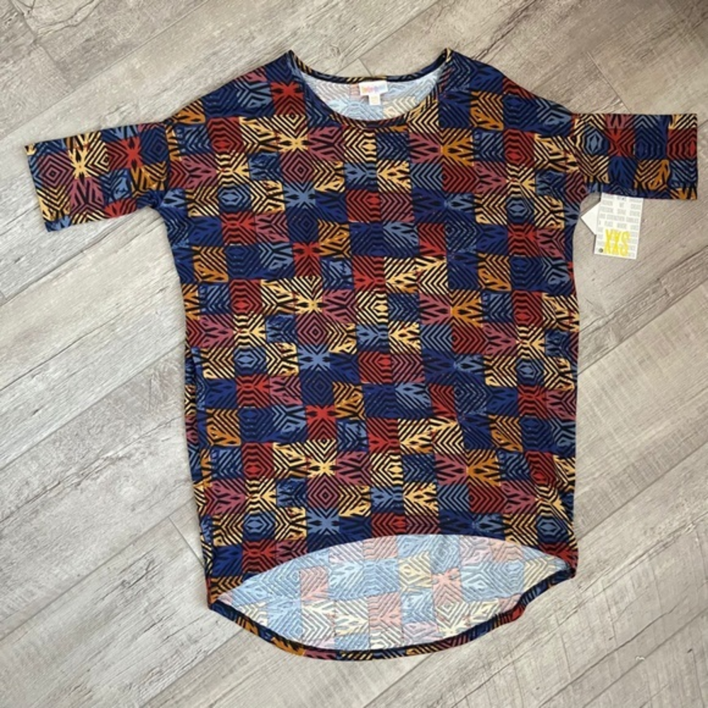 Lularoe XXS Irma Tunic Black Background Colorful Pattern Top NWT
